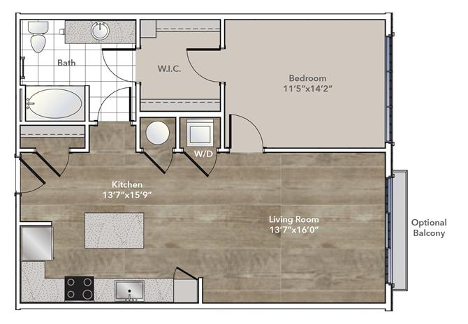 Floor plan for 1 bed, 1 bath, 882 sqft